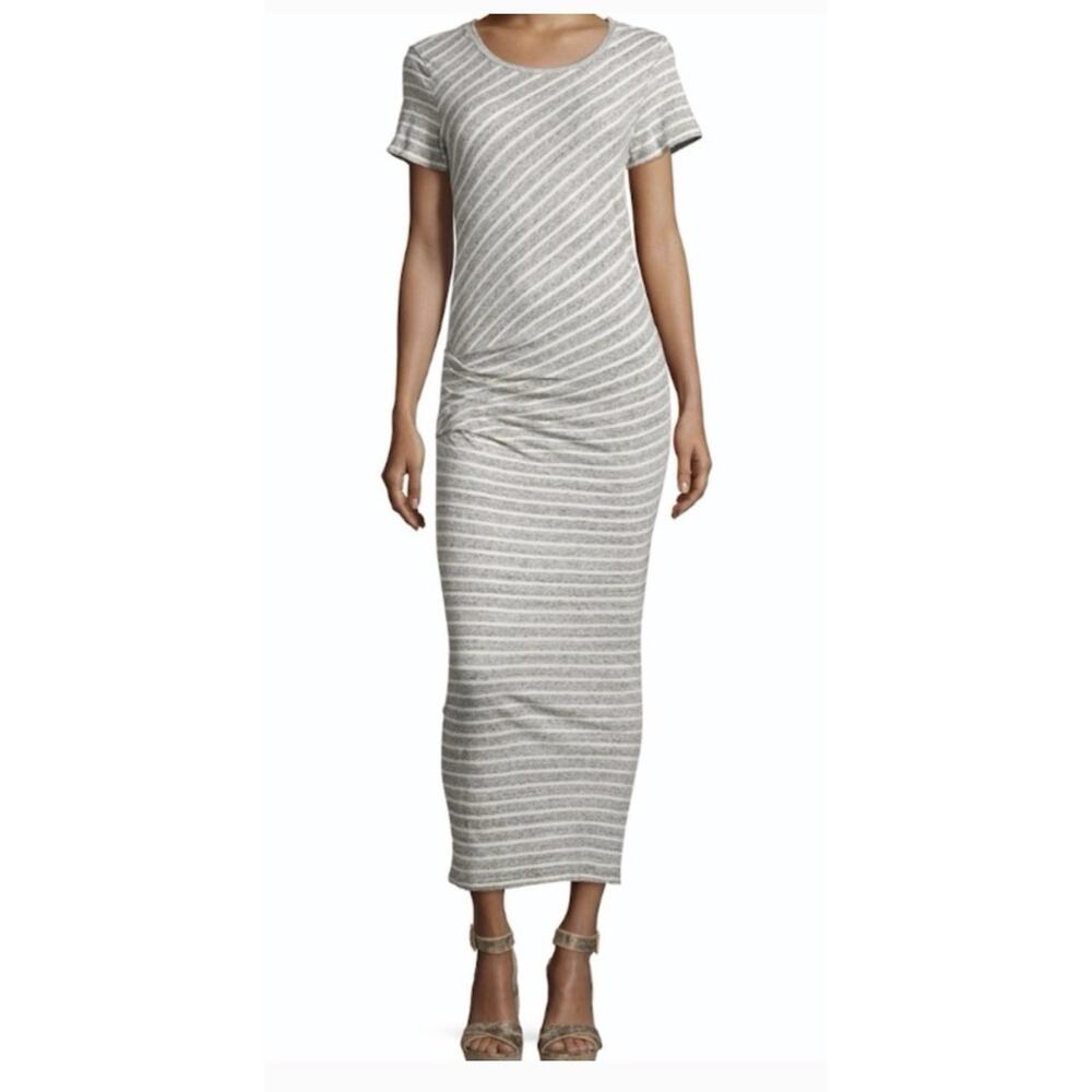 James Perse Women’s T-Shirt Maxi Dress Ruched Size 0/XS Brown Ivory Stripe